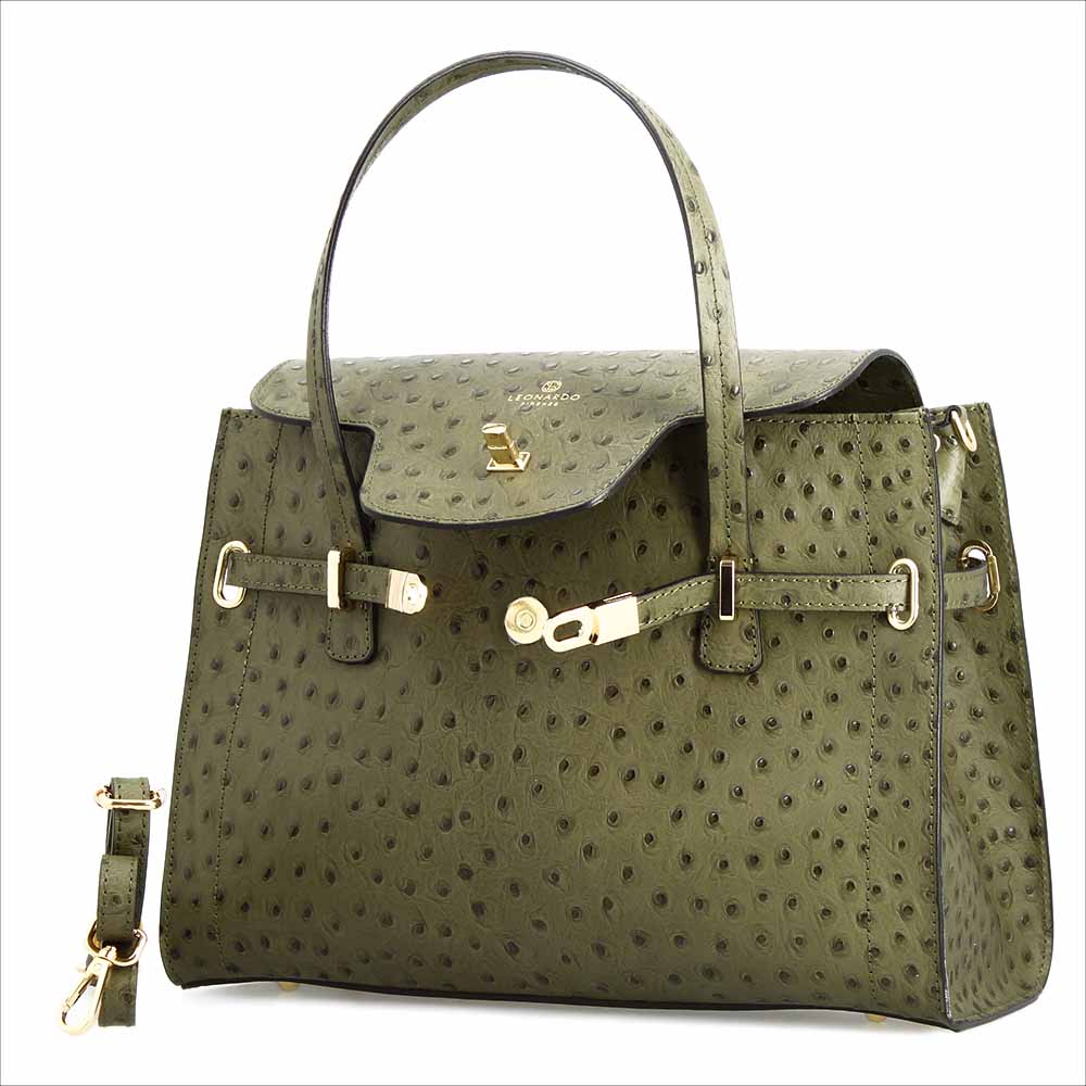 Rosetta L - Grand sac à main en cuir effet autruche, vert sauge