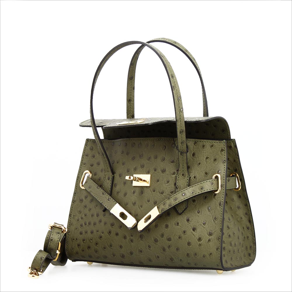 Rosetta M - Medium handbag in green ostrich-print leather