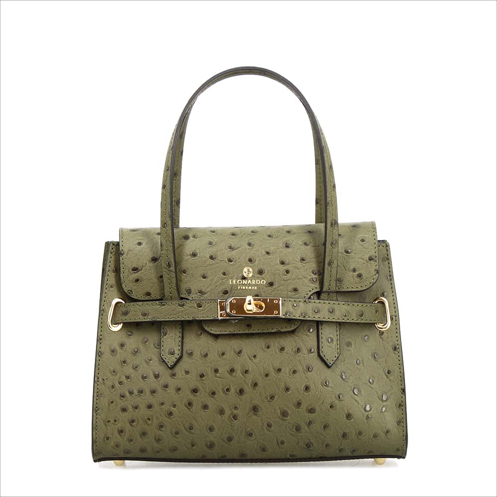 Rosetta M - Medium handbag in green ostrich-print leather