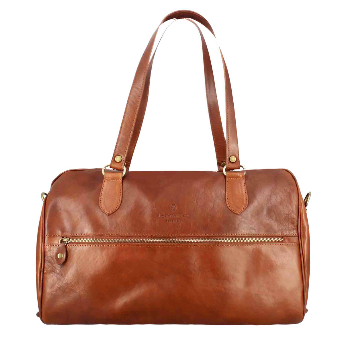 Brown leather travel bags with handles and removable shoulder strap