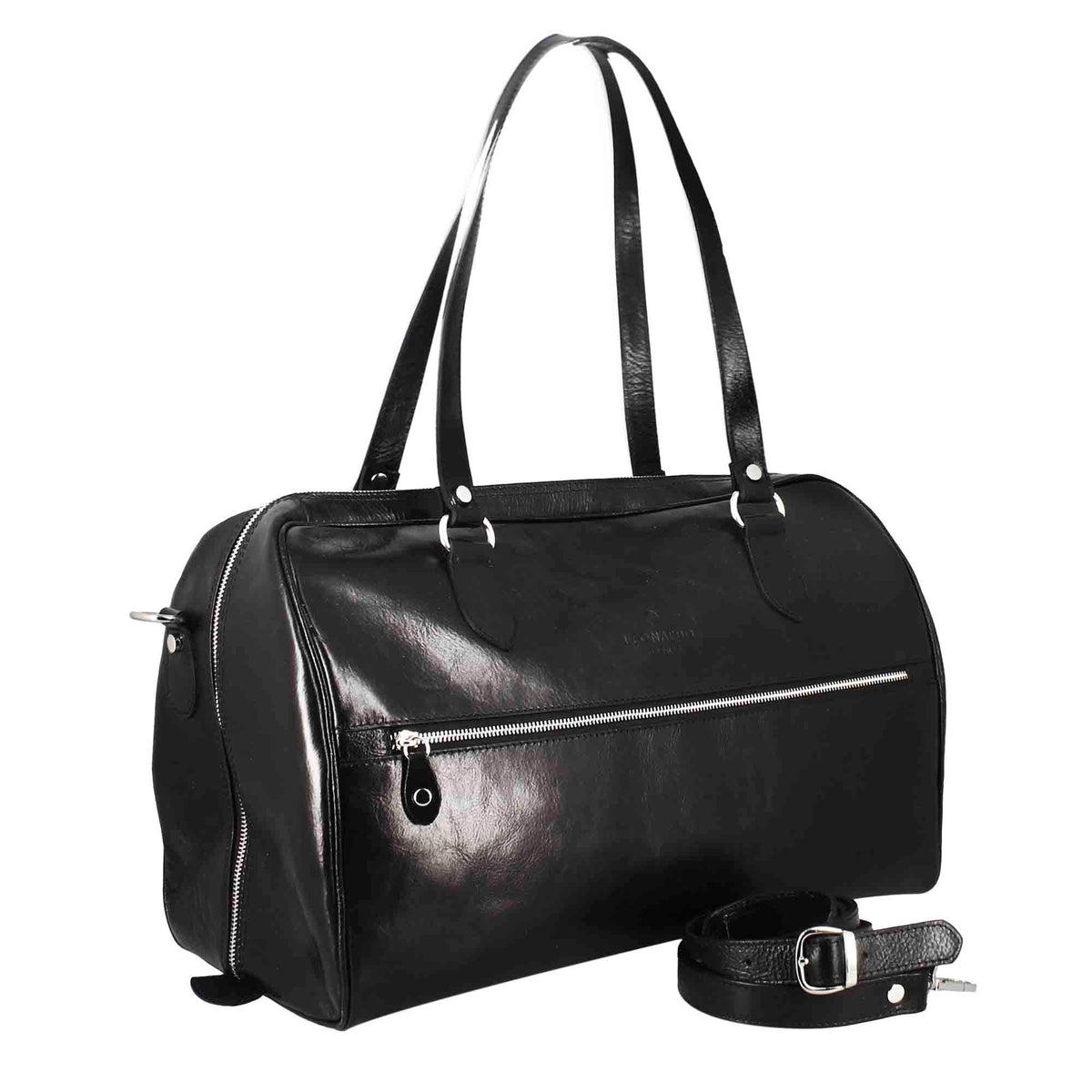 Schwarze Reisetaschen aus Leder mit Griffen und abnehmbarem Schulterriemen