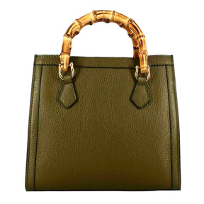 Women's green leather Bamboo bag with wooden handles and shoulder strap