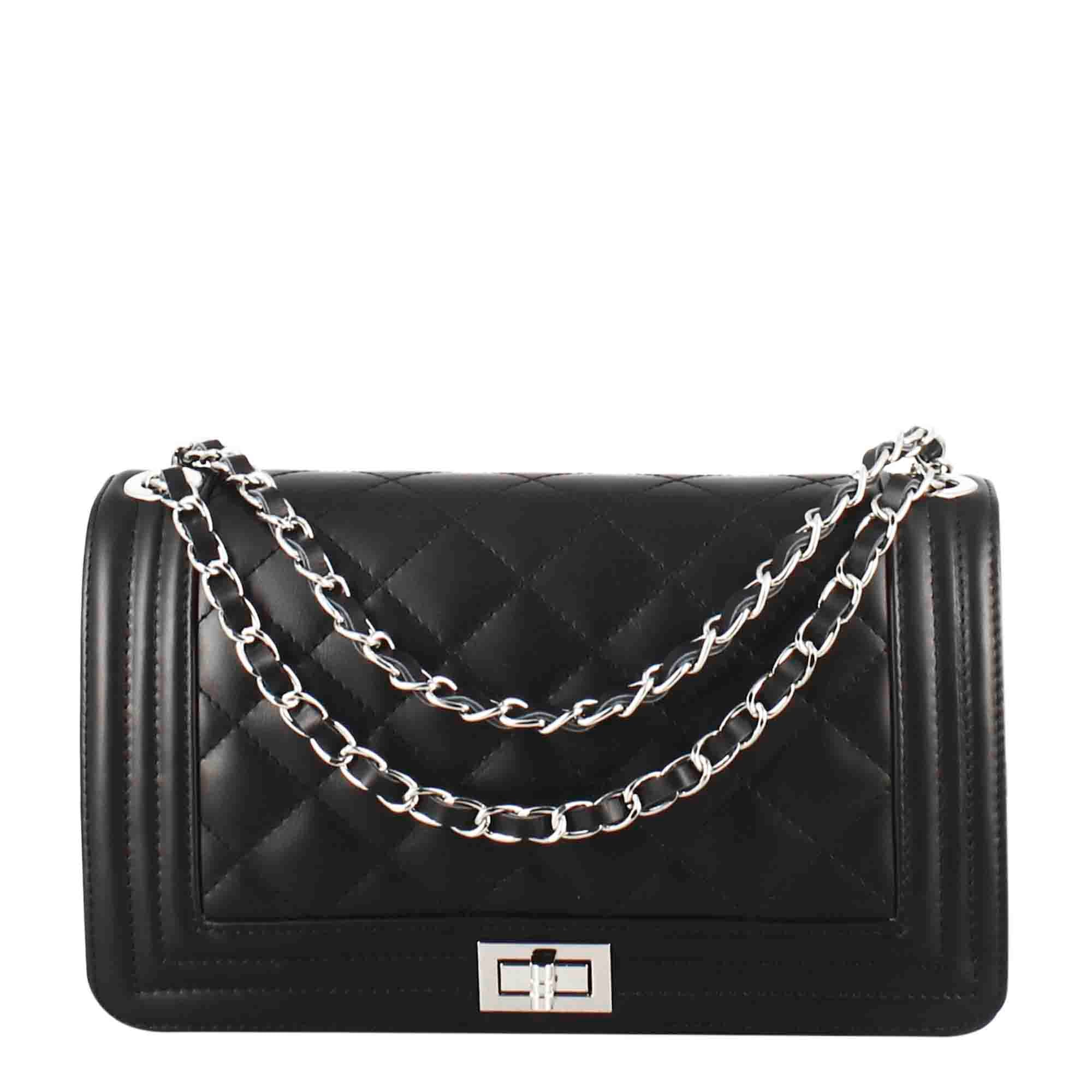 Sac bandoulière intemporel moyen en cuir matelassé noir