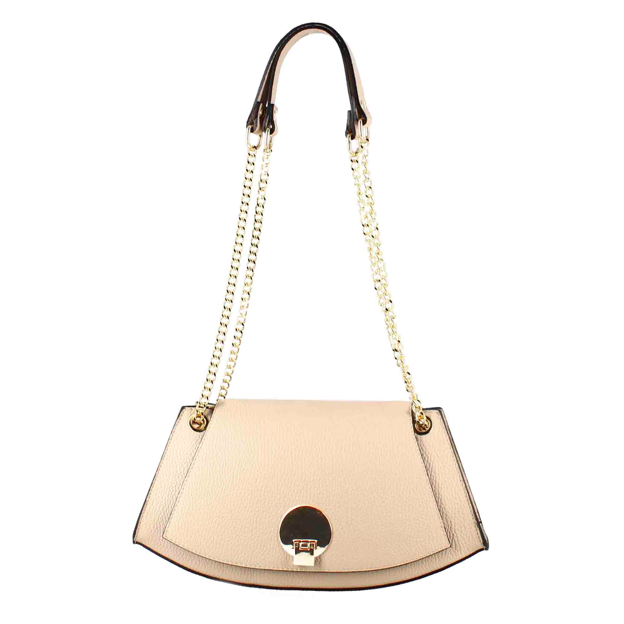 Women's leather shoulder bag with gold metal clasp