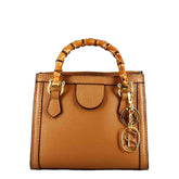 Brown leather mini Bamboo handbag for women with wooden handles and shoulder strap