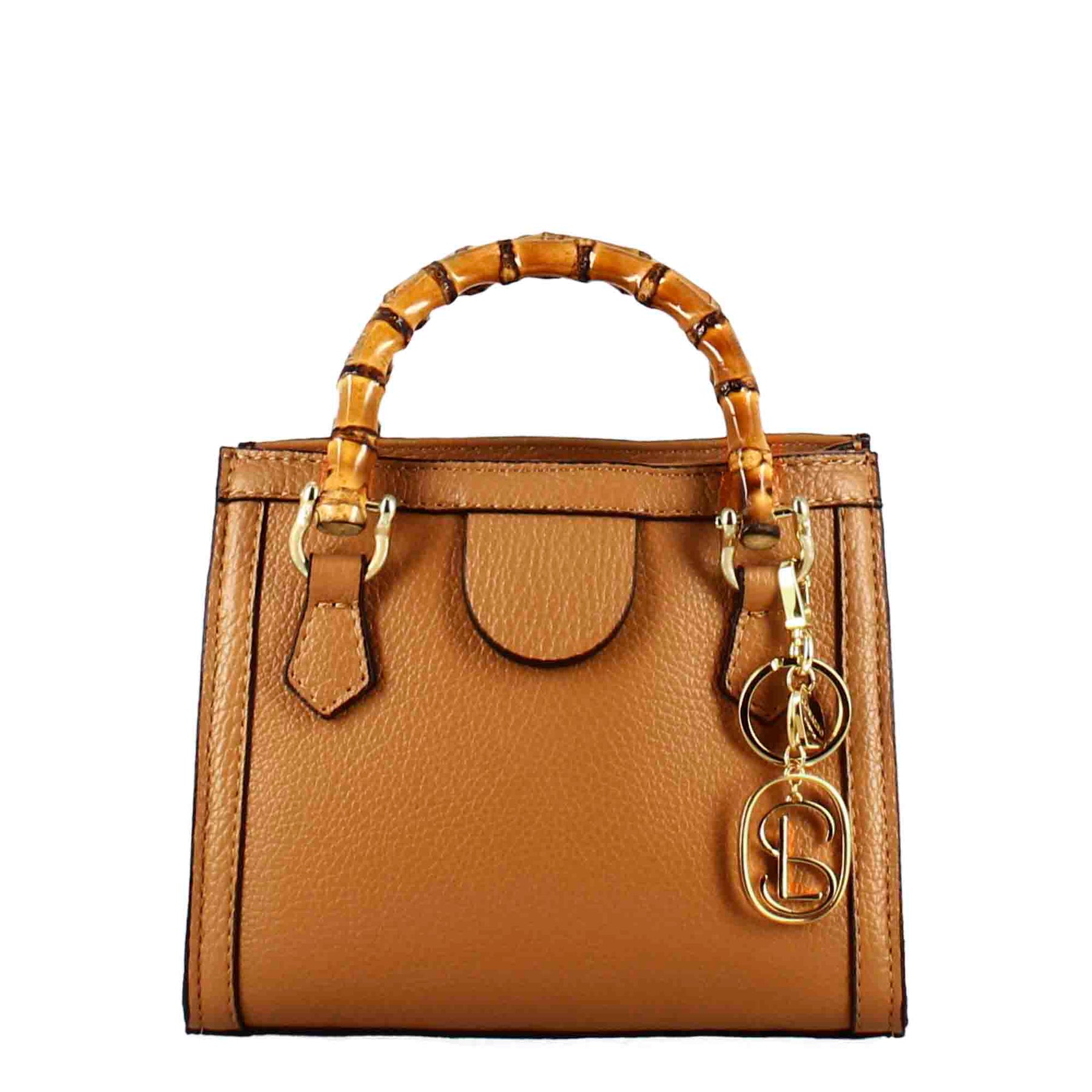 Brown leather mini Bamboo handbag for women with wooden handles and shoulder strap