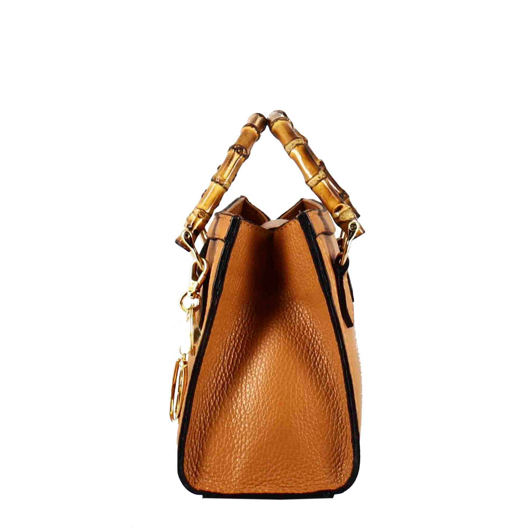 Women's brown leather Bamboo bag with wooden handles and shoulder strap