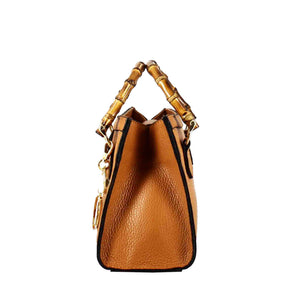 Women's brown leather Bamboo bag with wooden handles and shoulder strap