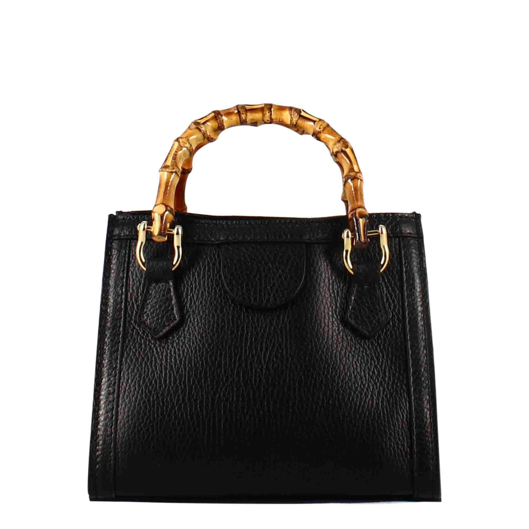 Black leather mini Bamboo handbag for women with wooden handles and shoulder strap