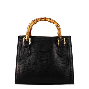 Mini sac à main Bamboo en cuir noir pour femmes avec poignées en bois et bandoulière