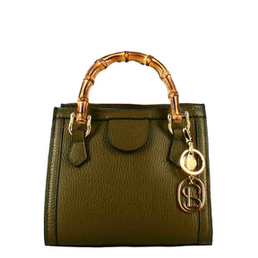 Green leather mini Bamboo handbag for women with wooden handles and shoulder strap