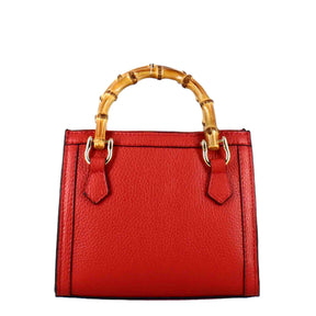Women's red leather Bamboo bag with wooden handles and shoulder strap