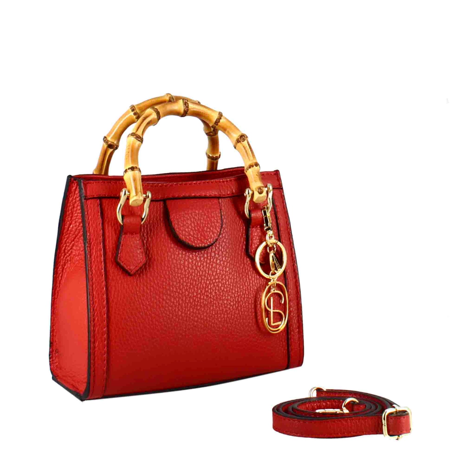 Red leather mini Bamboo handbag for women with wooden handles and shoulder strap