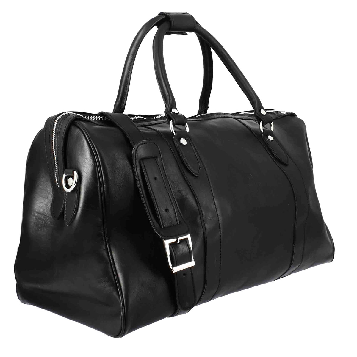 Black leather travel bag with shoulder strap