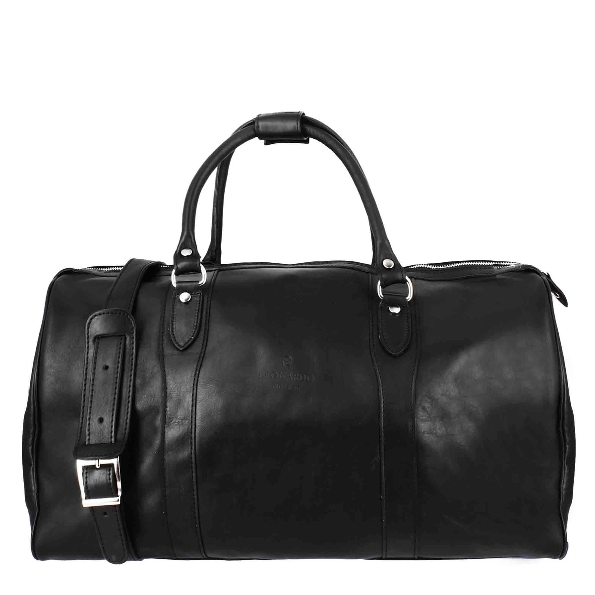 Black leather travel bag with shoulder strap