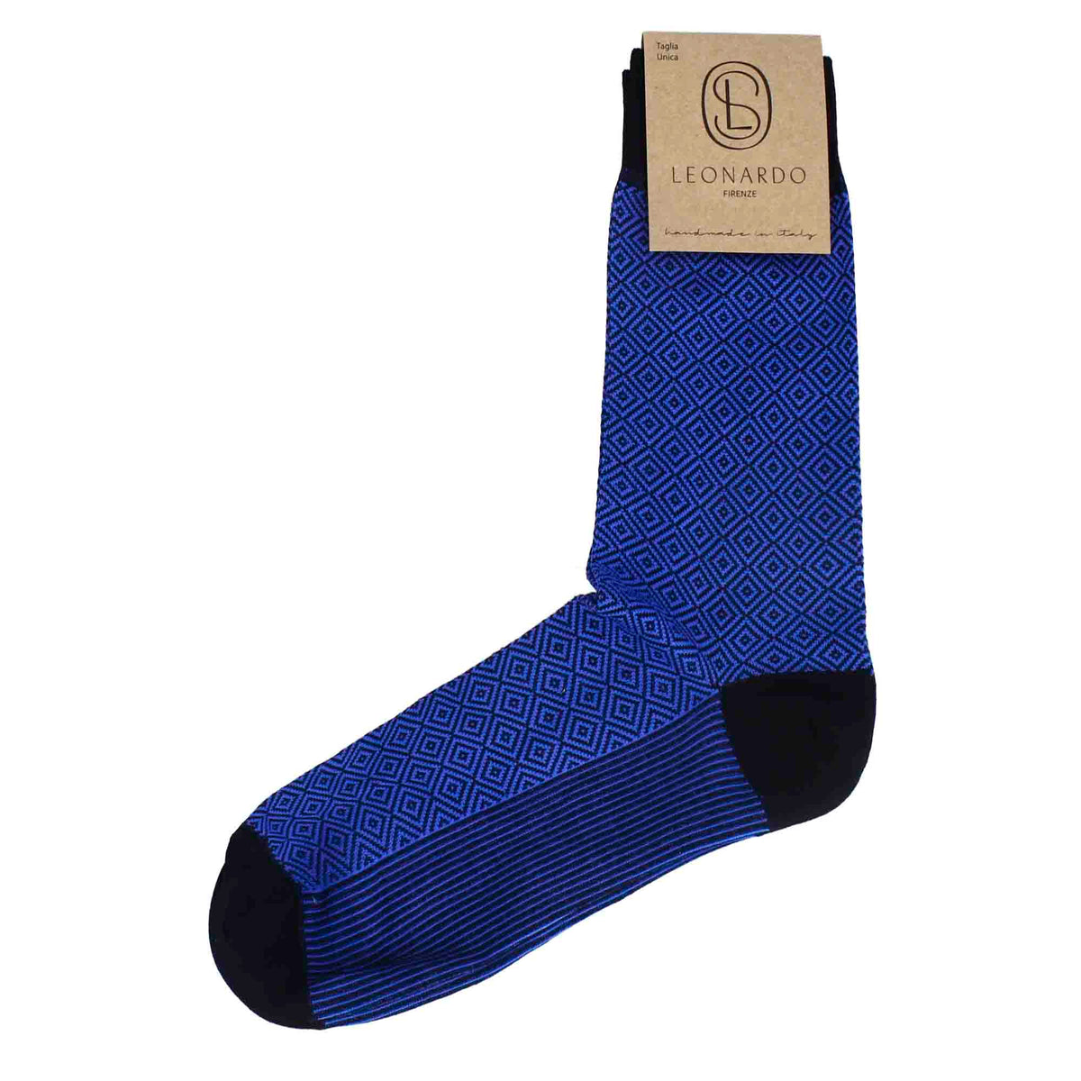 Men's electric blue cotton socks with black pattern