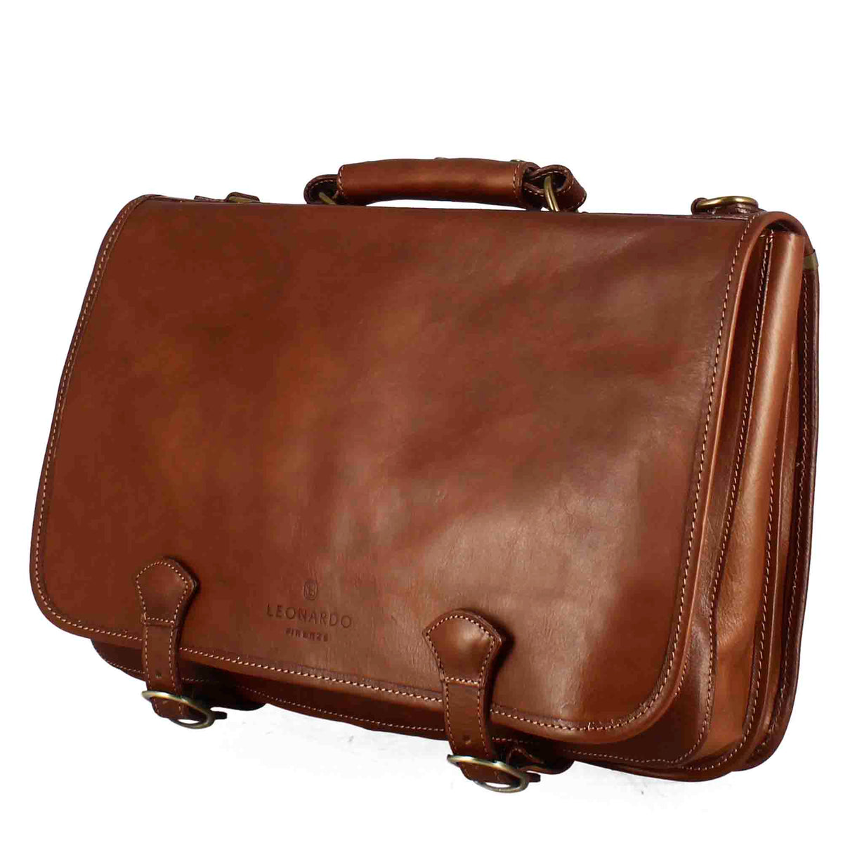 Professional briefcase in full-grain leather flap closure with double buckle dark brown colour