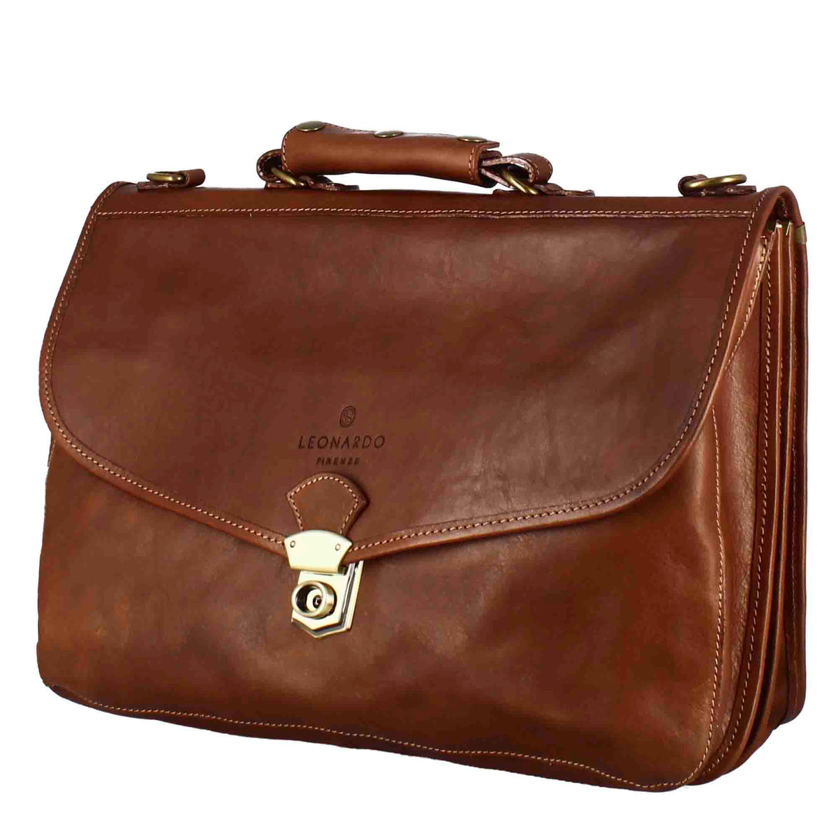 Brown full-grain leather professional briefcase with flap closure