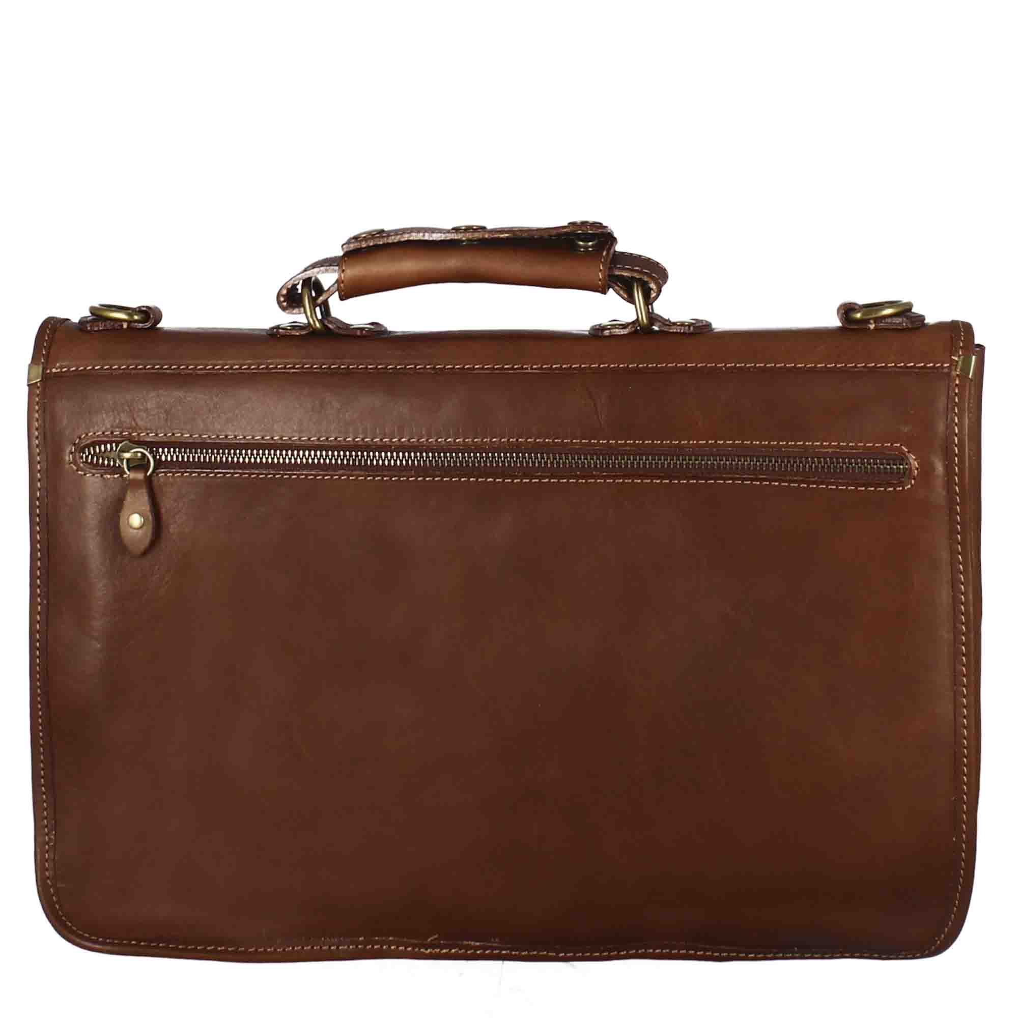 Brown full-grain leather professional briefcase with flap closure