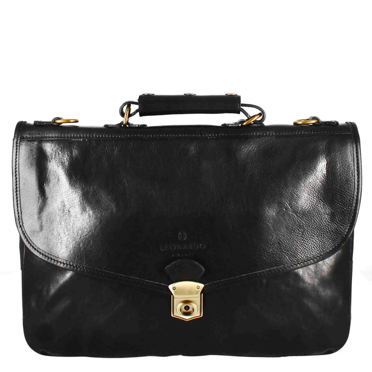 Full-grain leather professional briefcase with flap closure, black colour