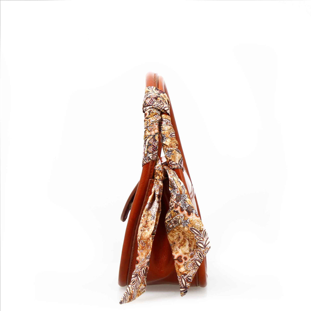 Caterina, light cognac leather handbag with silk scarf, lateral view