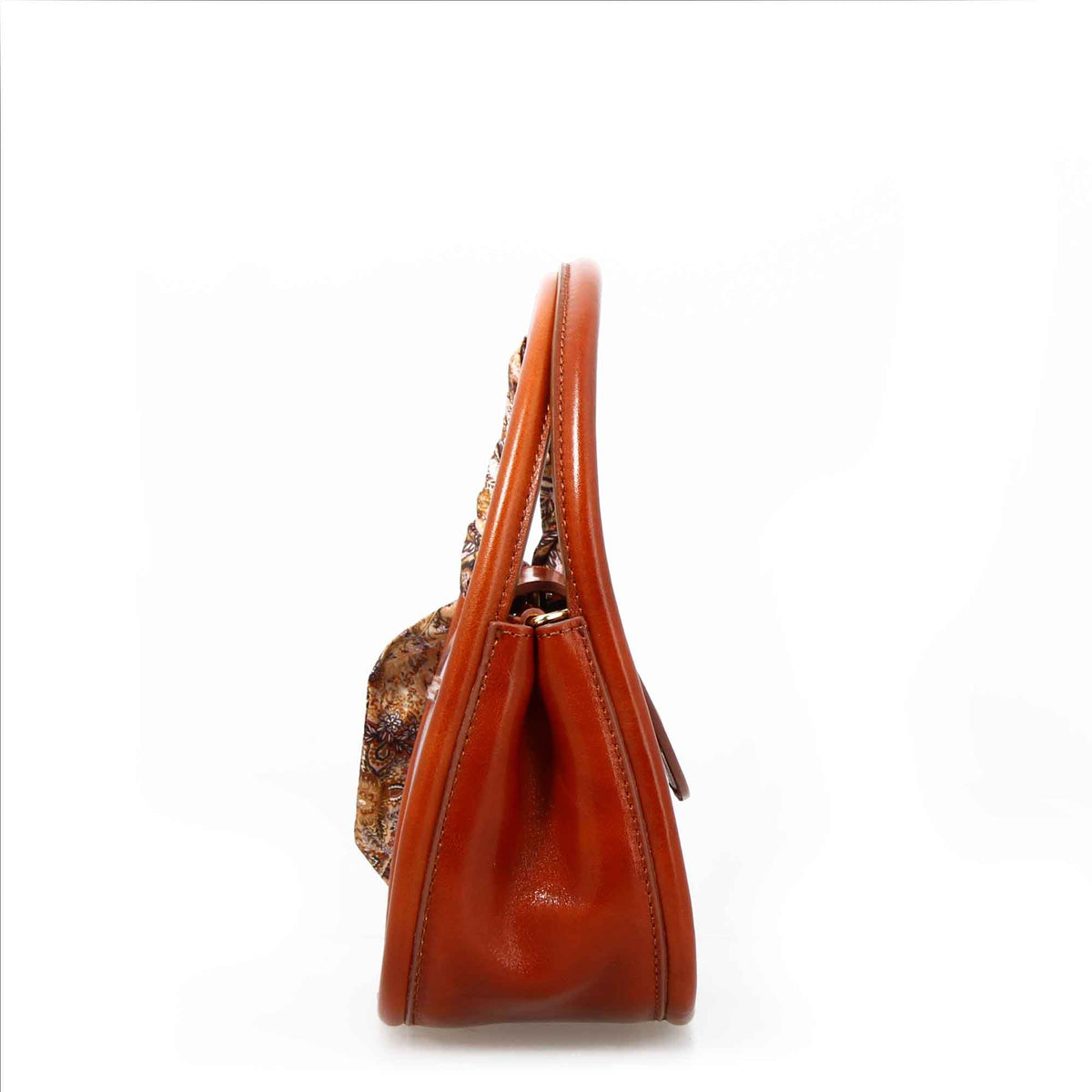 Caterina, light cognac leather handbag with silk scarf, lateral view 2
