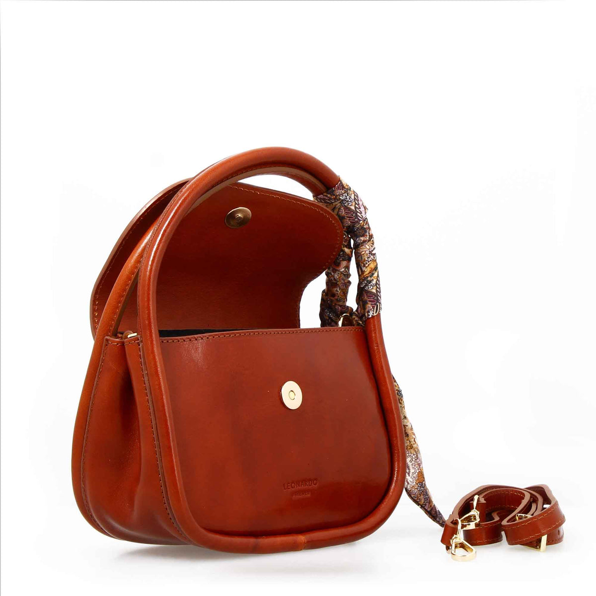 Caterina, light cognac leather handbag with silk scarf, open view