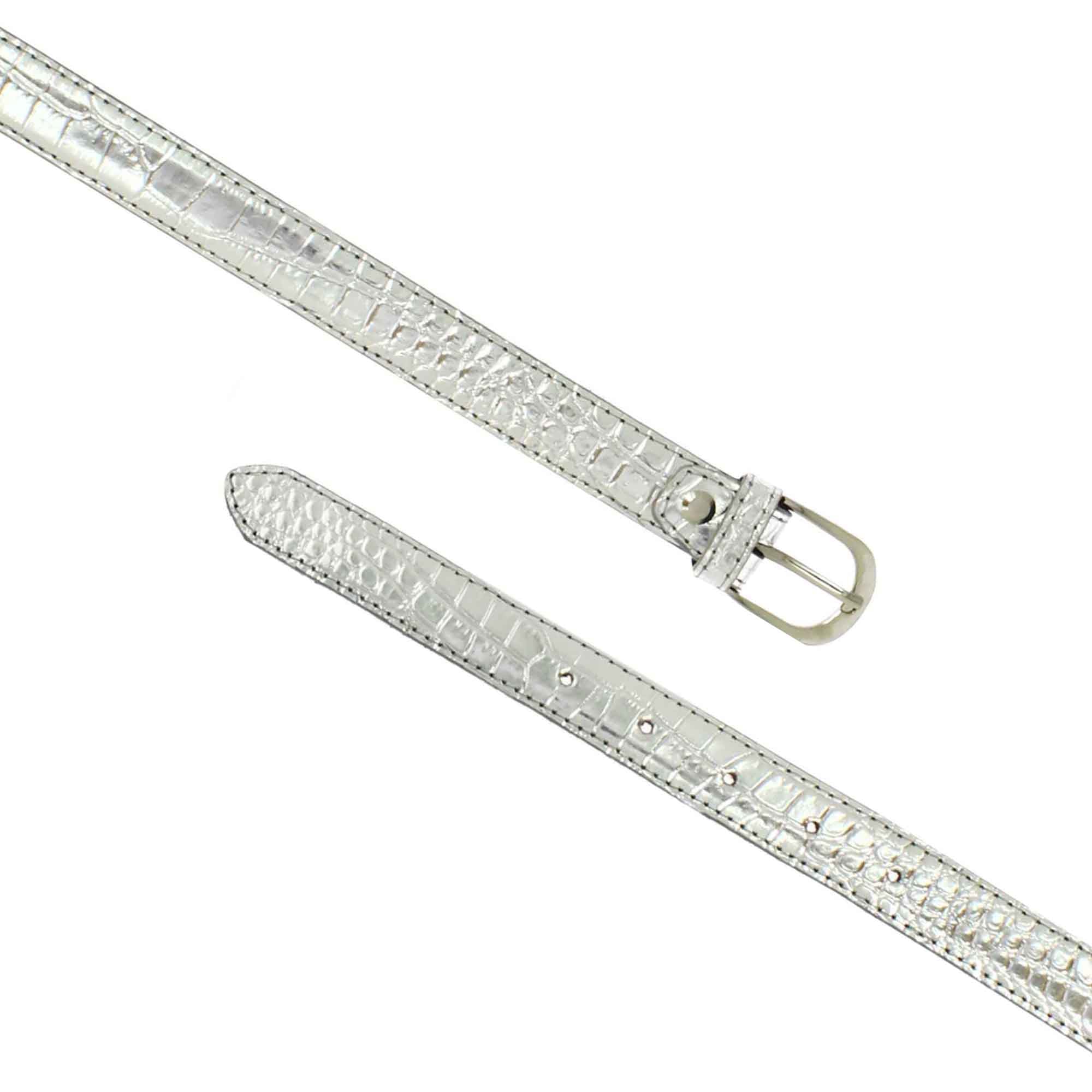 Cintura da donna in pelle con stampa coccodrillo colore argento con fibbia in metallo