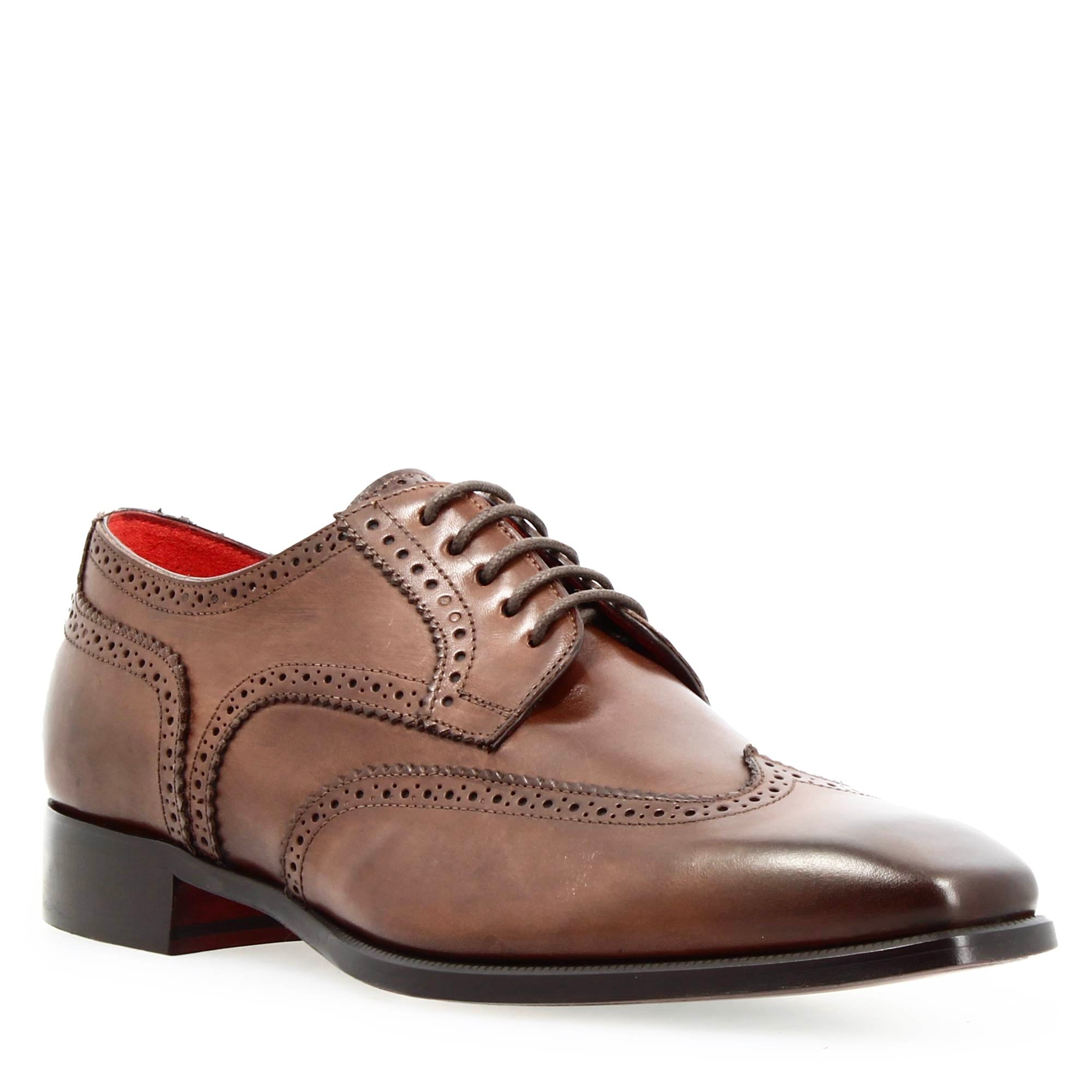 Men's derby in light brown leather with swallowtail and square toe