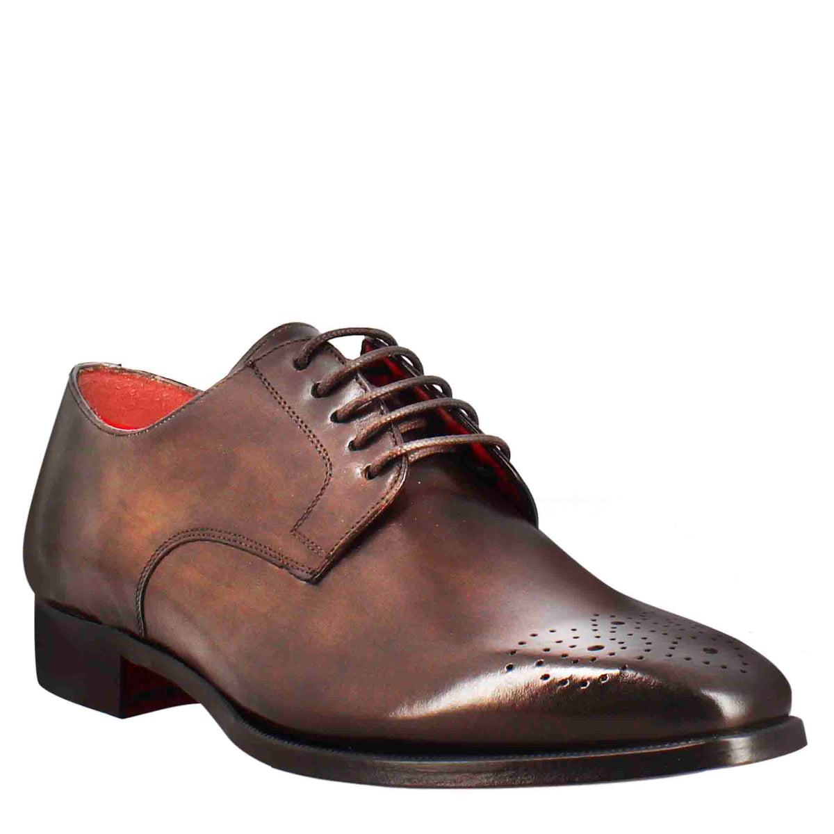 Men's derby in dark brown leather with square toe with design