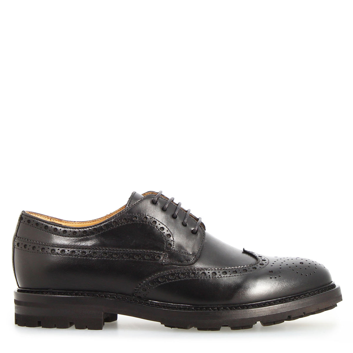 Massimo black leather brogue derby for men with lugged sole - side view