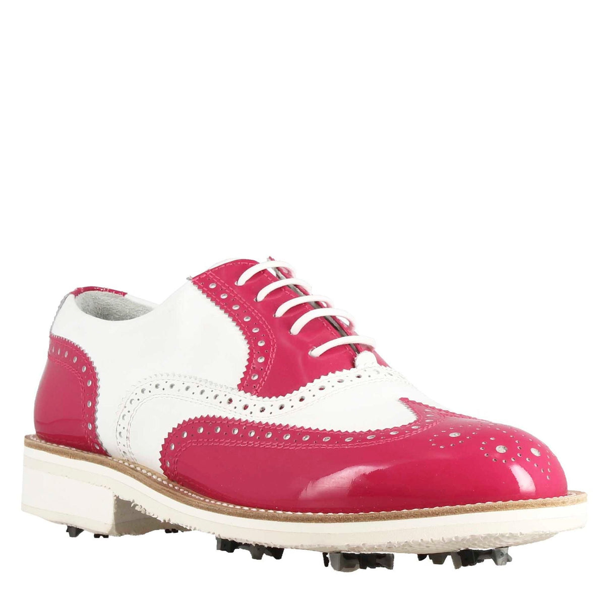 Scarpe golf da donna fatte a mano in pelle lucida colore bianco rosa.