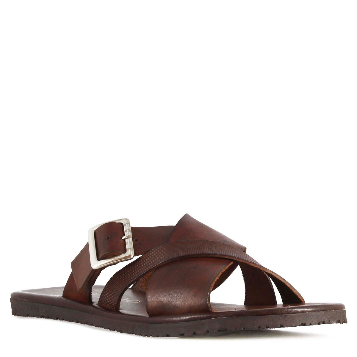 Two-band slider sandal with buckle for men in brown leather