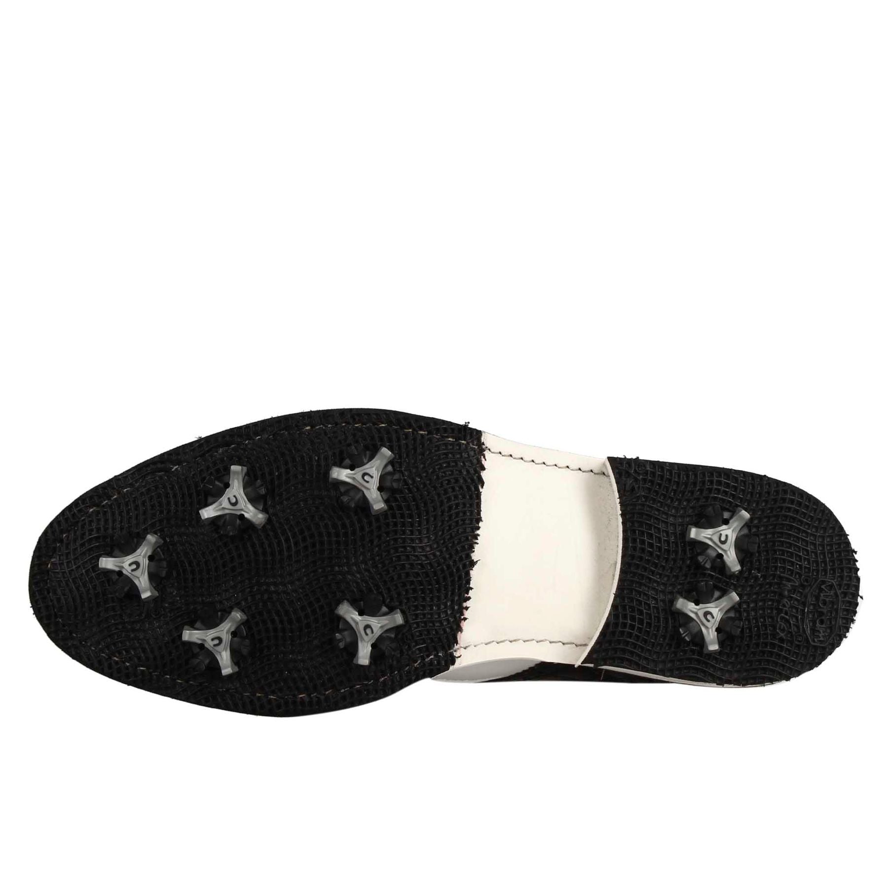 Handcrafted women's golf shoe in white leather with black leather details