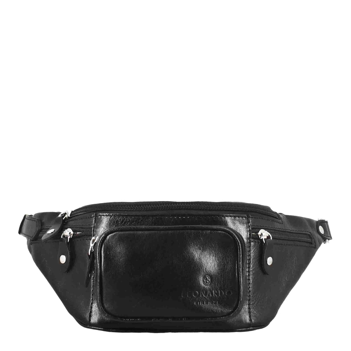Classic men's bum bag in black multi-pocket leather