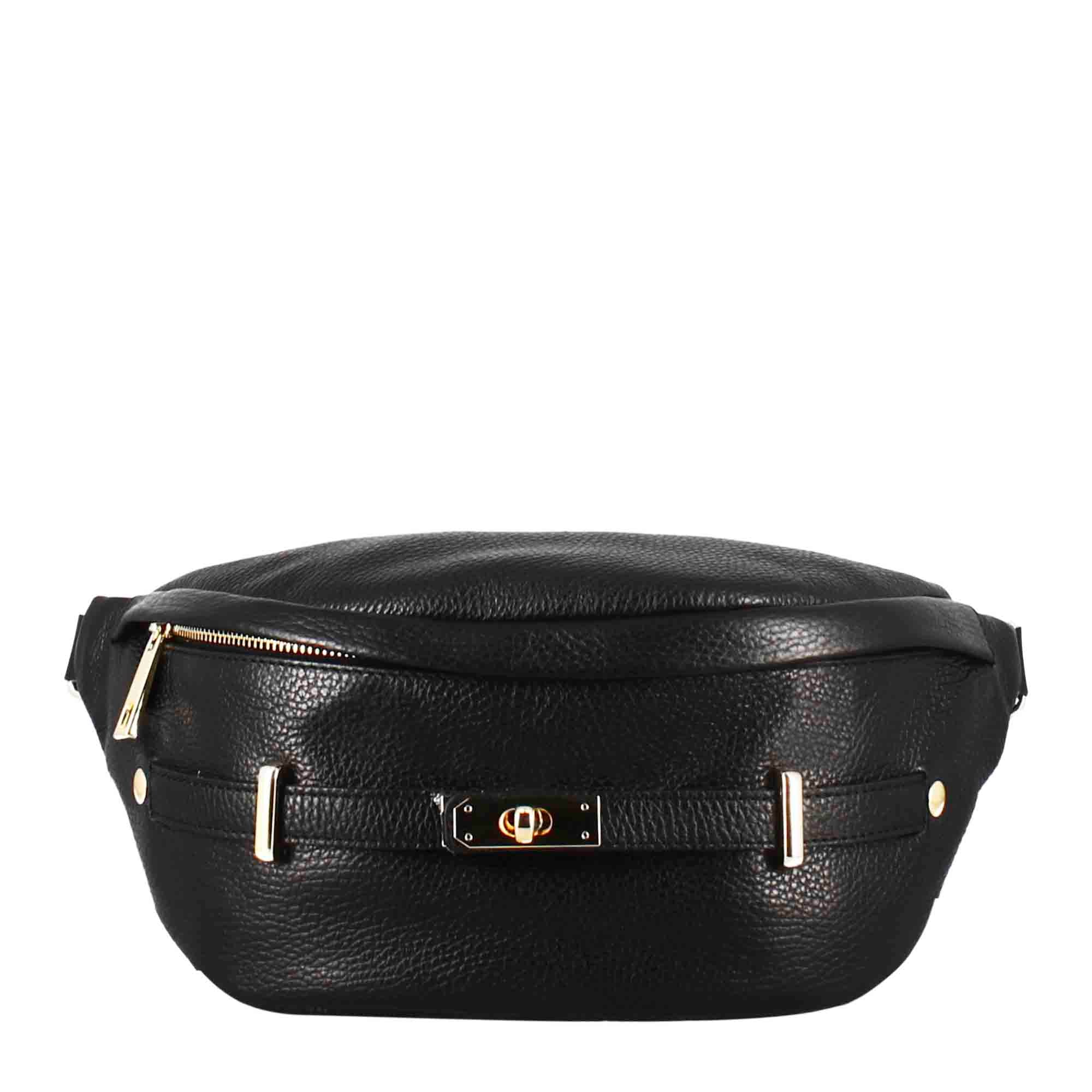 Women's casual leather fanny pack in multiple colors with gold metal details