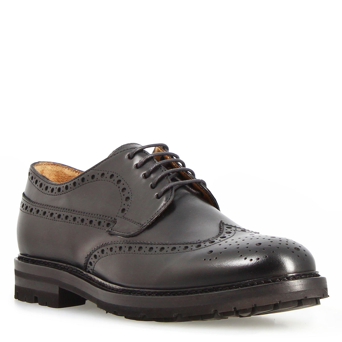 Massimo black leather brogue derby for men with lugged sole - quarter view