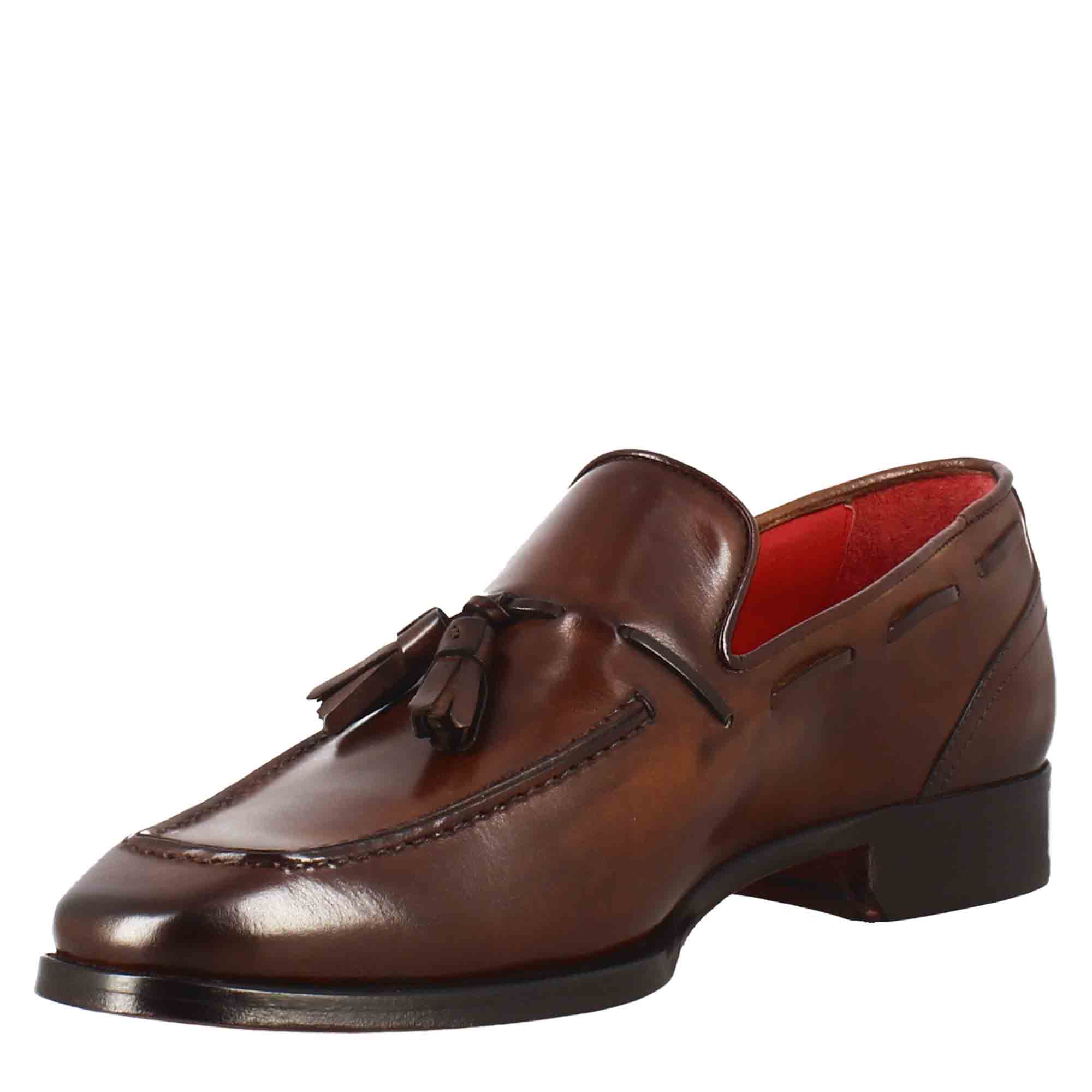 Mocassins à pompon en cuir marron pour hommes avec bout carré