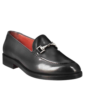 Women's black leather moccasin with buckle