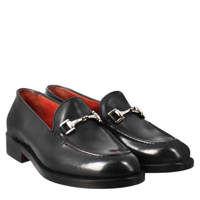 Women's black leather moccasin with buckle