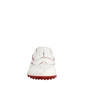 Chaussures de golf pour femmes faites à la main en cuir blanc avec détails rouges