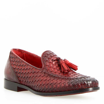 Mocassini da donna artigianali in pelle intrecciata rossa con nappine - LeonardoShoes