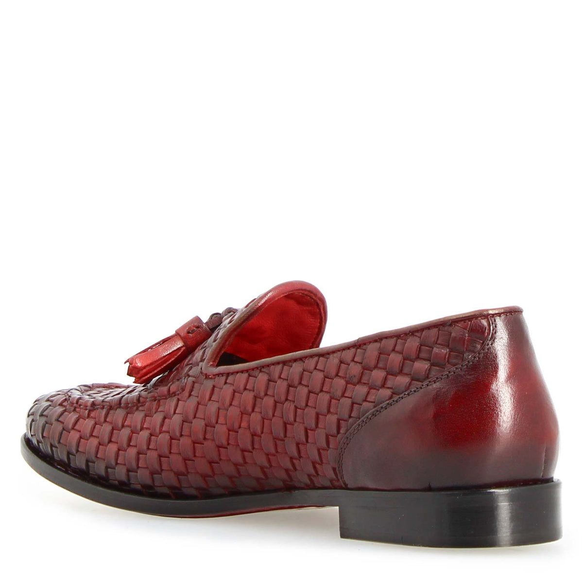 Mocassini da donna artigianali in pelle intrecciata rossa con nappine - LeonardoShoes