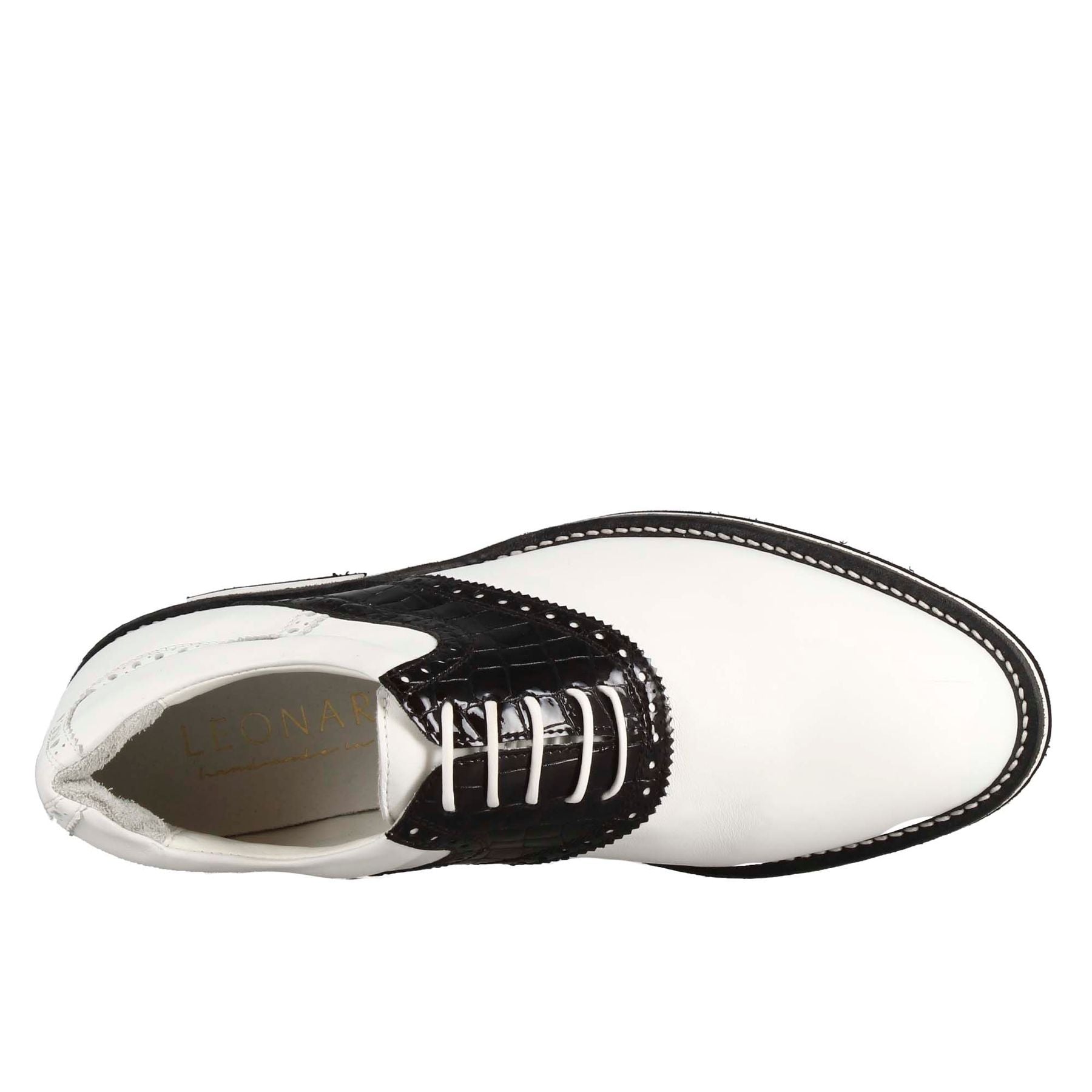 Handcrafted women's golf shoe in white leather with black leather details