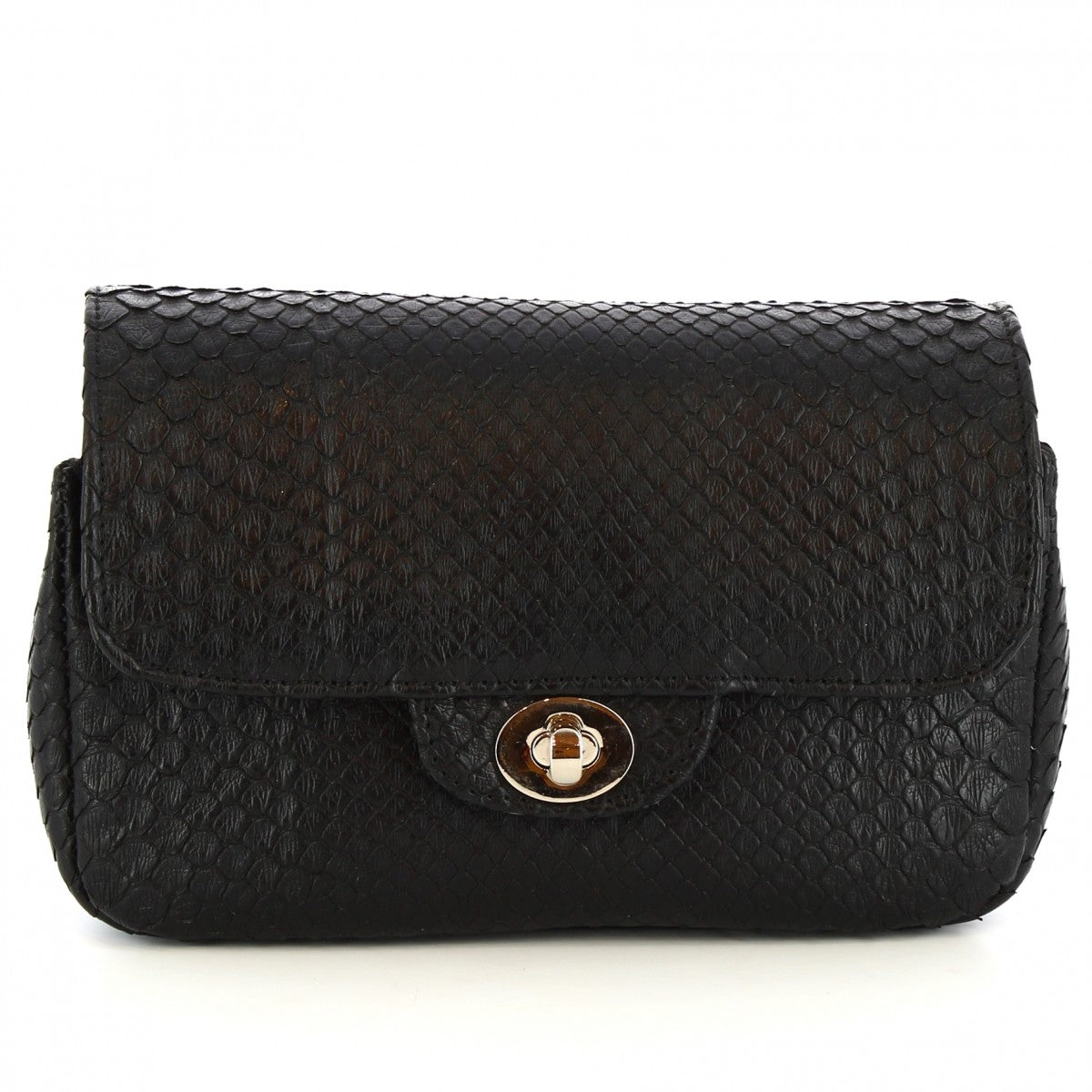 Borsa pochette con tracolla da donna fatta a mano in pelle di pitone nera