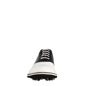 Handcrafted women's golf shoe in white leather with black leather details