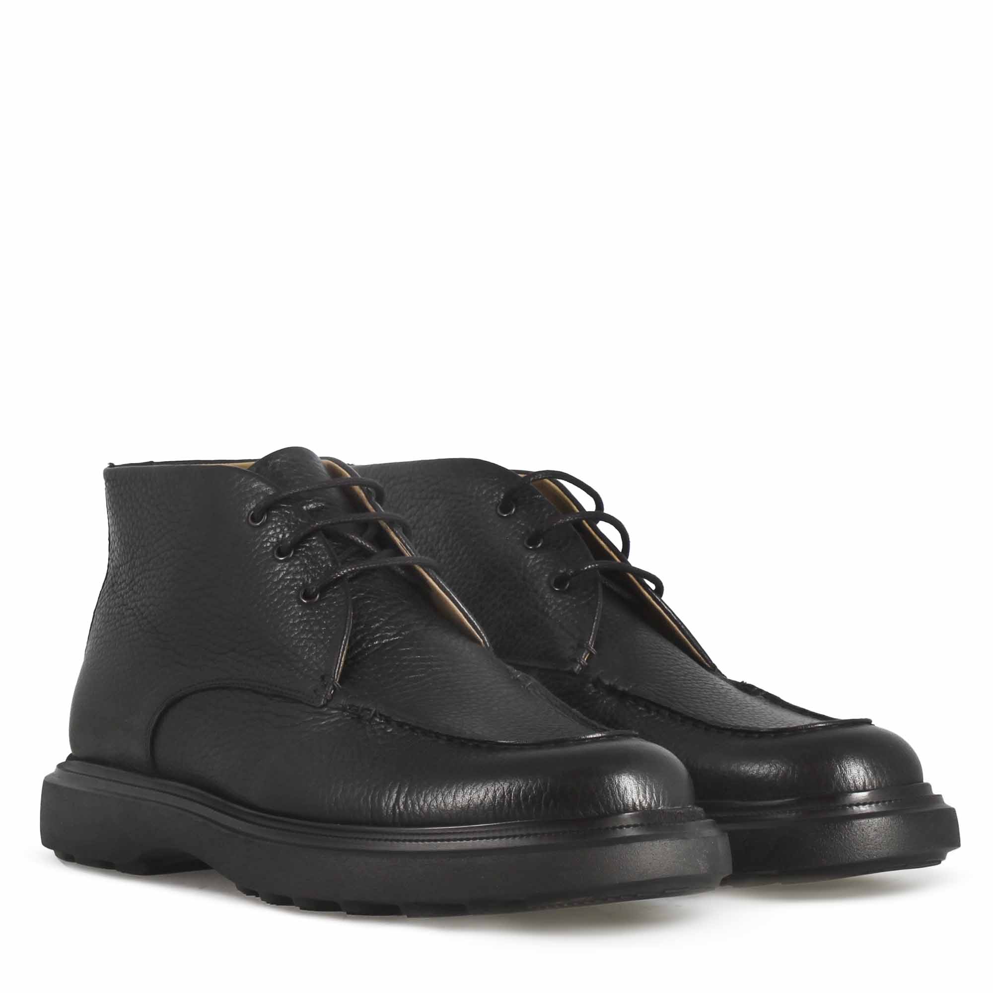 Bottine à lacets pour homme en cuir grainé noir et semelle