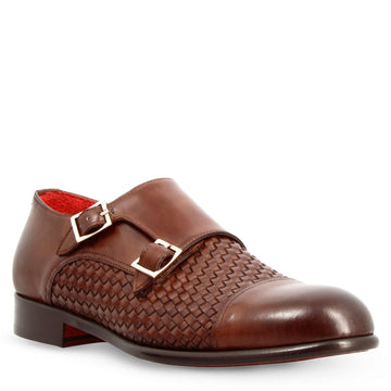 Scarpa doppia fibbia da uomo in pelle intrecciata marrone siena - LeonardoShoes