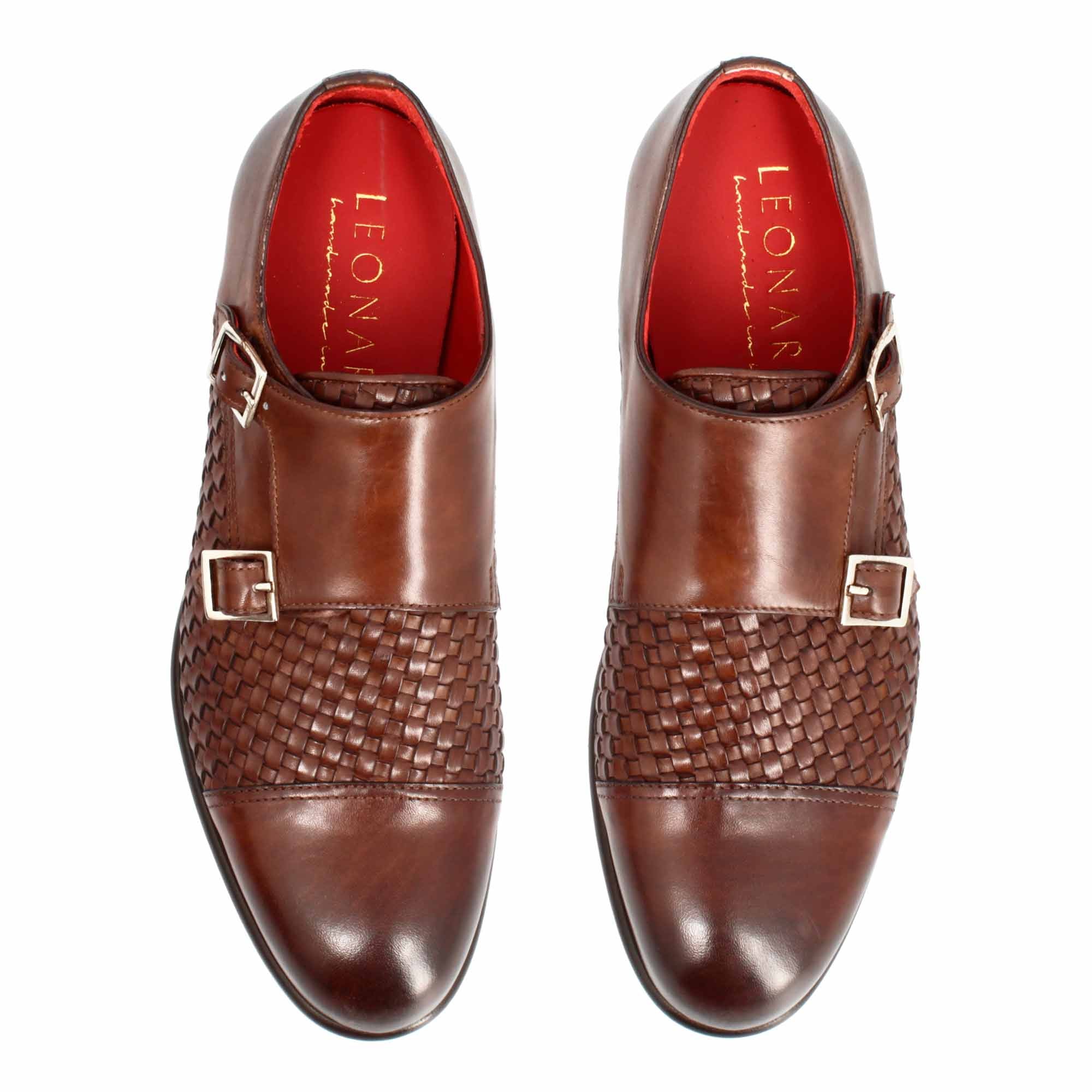 Scarpa doppia fibbia da uomo in pelle intrecciata marrone siena - LeonardoShoes