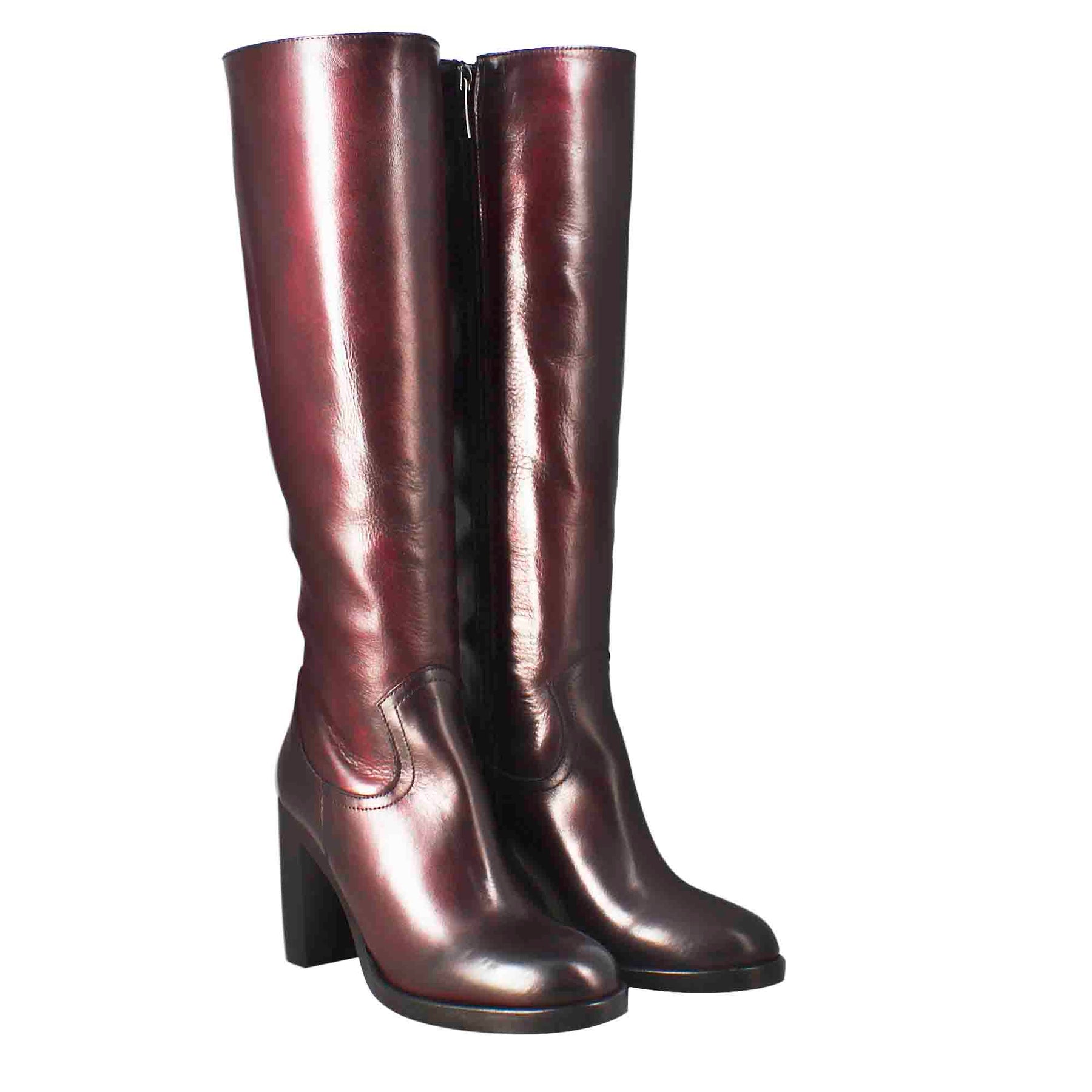 Smooth women's knee-high boot with high heel in burgundy leather